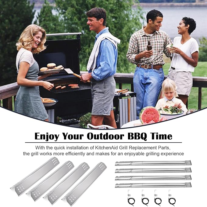BBQ Grill Parts for Kitchenaid 4 Burner 720-0954, 720-0733, 720-0745, 740-0780, 720-0745B, 720-0733A, 740-0781, Stainless Steel Heat Plate, Burners, Igniter for Kitchen Aid Gas Grill Replacement Parts