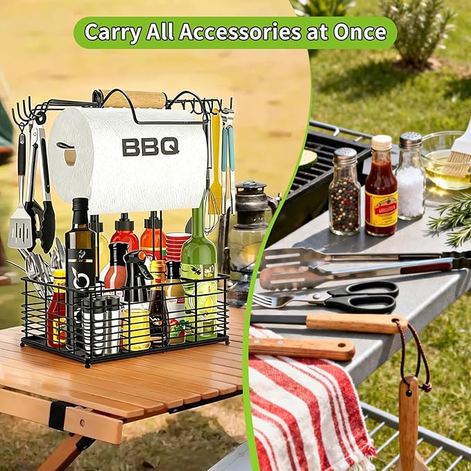 Grill Caddy, BBQ Caddy for Outdoor Grill, Upgraded Camping Accessories with Windproof Paper Towel Holder, Camping Essentials, Outdoor Kitchen BBQ Grill Accessories for Camper, Grilling Gifts for Men