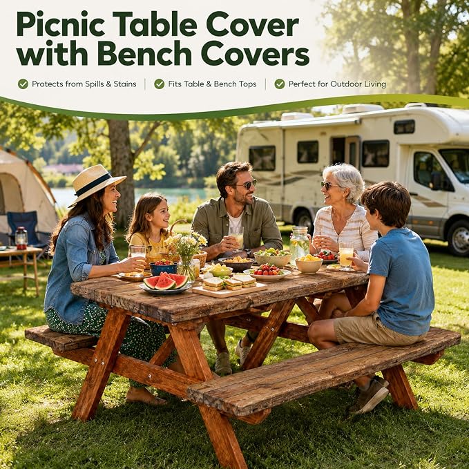 Emwwat Picnic Table Cover with Bench Covers, Waterproof Elastic Corner Fitted Tablecloth for 6 Foot Rectangle Tables, Washable Camping Table Cover Set for Picnic Outdoor BBQ (Brown, 72in)