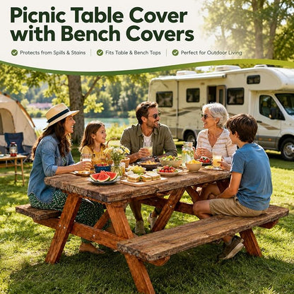 Emwwat Picnic Table Cover with Bench Covers, Waterproof Elastic Corner Fitted Tablecloth for 6 Foot Rectangle Tables, Washable Camping Table Cover Set for Picnic Outdoor BBQ (Brown, 72in)