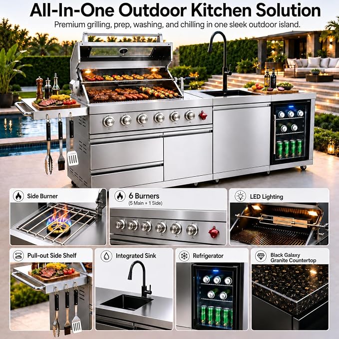 84 Inch Outdoor Kitchen Island Grill, 6 Burner 75300 BTU Propane BBQ Grill with Sink & Wheels Beverage Refrigerator, Rotisserie Kit, Griddle, Backyard BBQ SS304 Stainless Steel, Granite Top, Silver