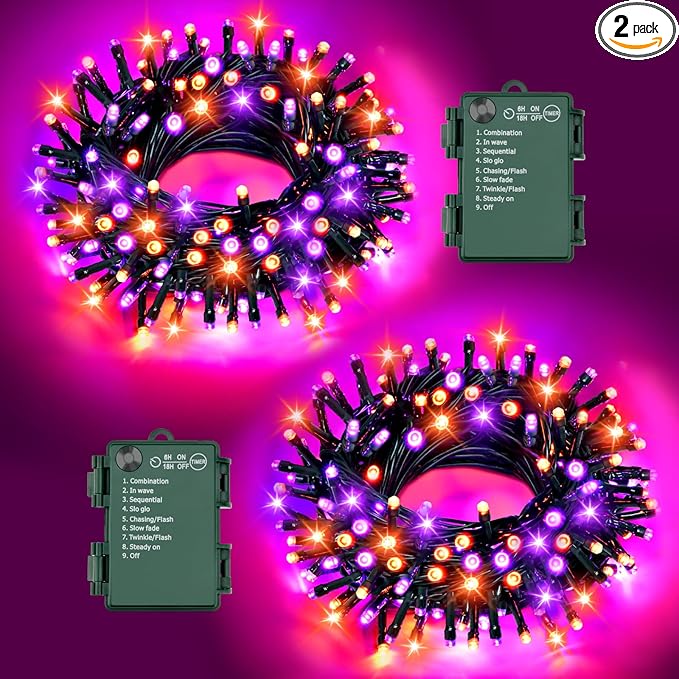 Halloween Lights String Total 100LED Battery Operated Outdoor 8 Modes with Timer 16.4Ft*2, 50LED*2 Waterproof Fairy Lights Indoor for Halloween Decor, Orange&Purple, 2-Pack