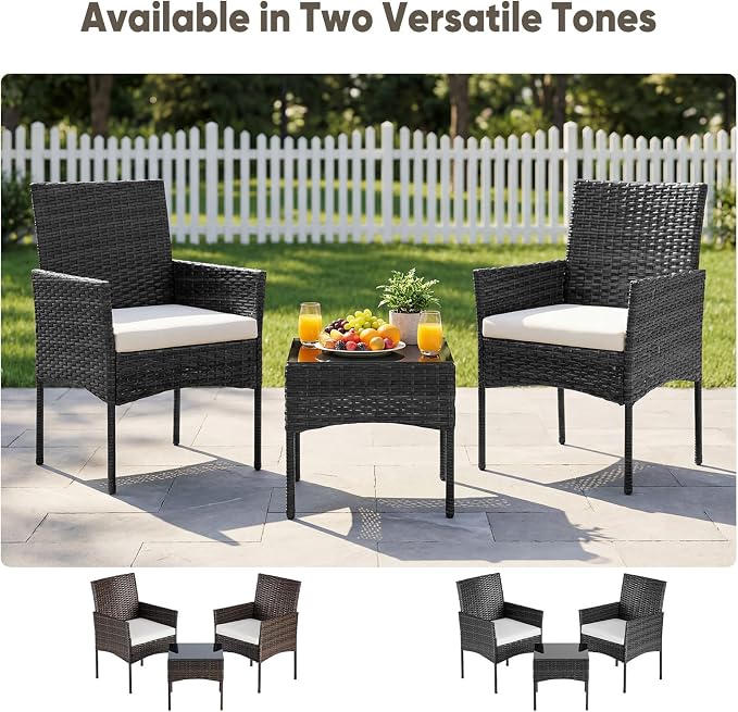DUMOS Patio Furniture Set 3-Piece, Outdoor Wicker Bistro Set, Black | All-Weather Rattan Chairs, Removable Cushions, Tempered Glass Table, Small Conversation For Porch Balcony Lawn Backyard