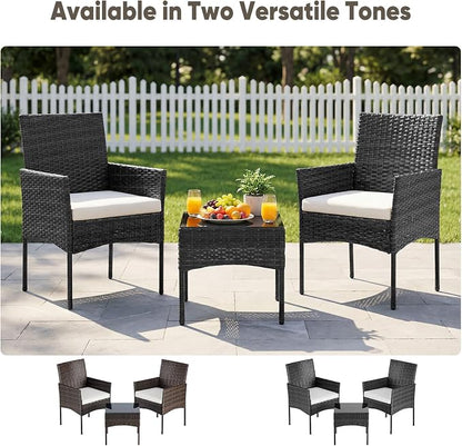 DUMOS Patio Furniture Set 3-Piece, Outdoor Wicker Bistro Set, Black | All-Weather Rattan Chairs, Removable Cushions, Tempered Glass Table, Small Conversation For Porch Balcony Lawn Backyard