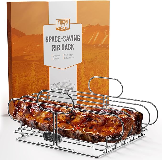 Yukon Glory Stainless Steel BBQ Rib Rack for Grill or Smoker, Upright Collapsible Rib Holder, Holds 4 Racks, Dishwasher Safe