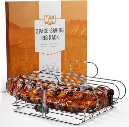 Yukon Glory Stainless Steel BBQ Rib Rack for Grill or Smoker, Upright Collapsible Rib Holder, Holds 4 Racks, Dishwasher Safe