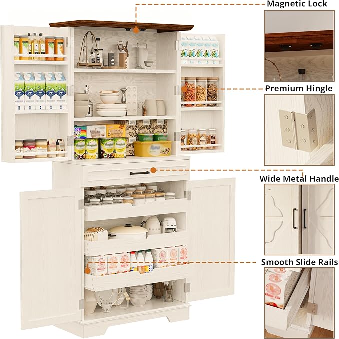 IRONCK 72" Kitchen Pantry Cabinet with Sliding Rack & Adjustable Shelves | Kitchen Storage Cabinets with Drawers and Door Shelves, Freestanding Cupboard for Dining Room, Living Room, White