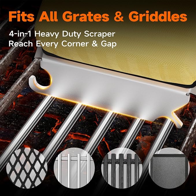 Bristle-Free Grill Brush with Heat-Resistant Kevlar Fiber Head, Black | Steam Cleaning, Replaceable No-Wire Head, 17" Handle, 4-in-1 Scraper, for Porcelain/Ceramic/Stainless Steel/Cast Iron Grate