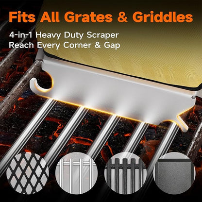 Bristle-Free Grill Brush with Heat-Resistant Kevlar Fiber Head, Black | Steam Cleaning, Replaceable No-Wire Head, 17" Handle, 4-in-1 Scraper, for Porcelain/Ceramic/Stainless Steel/Cast Iron Grate