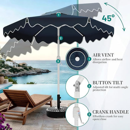 AreShark 9FT Outdoor Patio Umbrella with Wavy Trim (Navy) | Market Table Umbrellas w/ 6 Sturdy Ribs, Crank & Tilt, White Pole, Pool Umbrella with UV-Fade Resistant Fabric, Heavy Frame