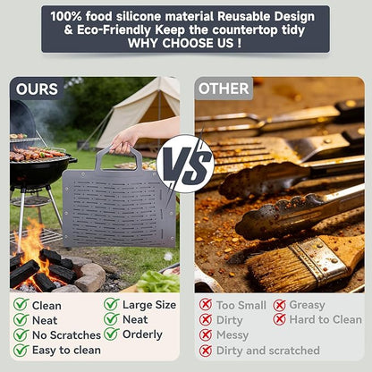LIONROGE Large Silicone Grill Mat, Foldable Silicone Griddle Tools Spatula Mat with Drip Pad & Handle & Snap Buttons, Portable BBQ Side Shelf Mats Grill Pad for Blackstone Griddles Accessories,Gray