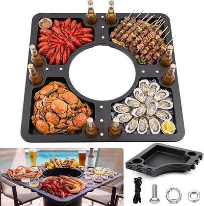 40 x 40 Inch Seafood Crab Boil Event Table Tailgate Outdoor Party Table | Snack BBQ Camping Picnic Table with Trash Can Opening and 8 Beverage Holder, Four-in-one Detachable Tailgate Serving Table