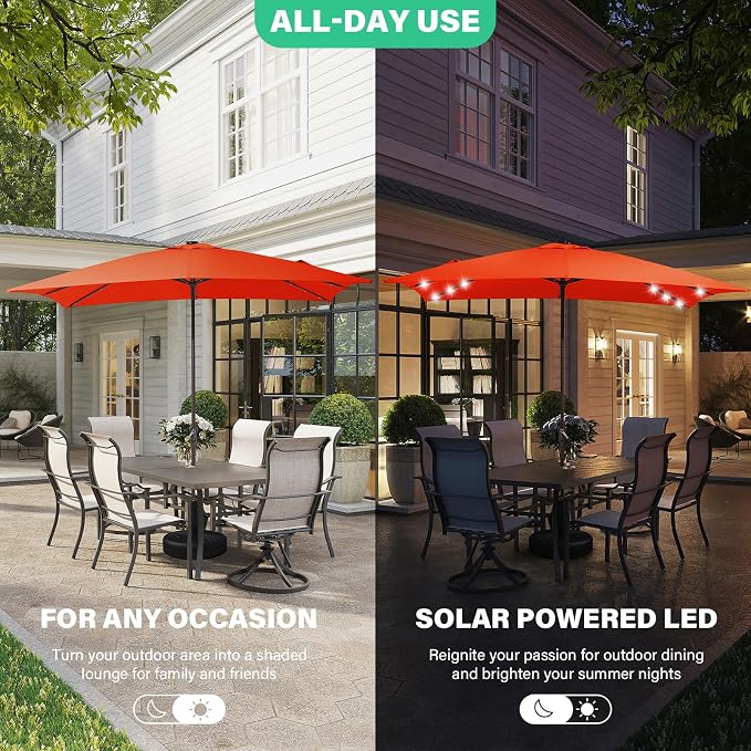 JEAREY 8x10' Rectangle LED Lighted Umbrella Patio Umbrella Outdoor w/Crank | Solar Market Umbrellas with 8 Sturdy Ribs, UV Protection Waterproof Sunproof for Pool, Deck, Backyard(Orange)