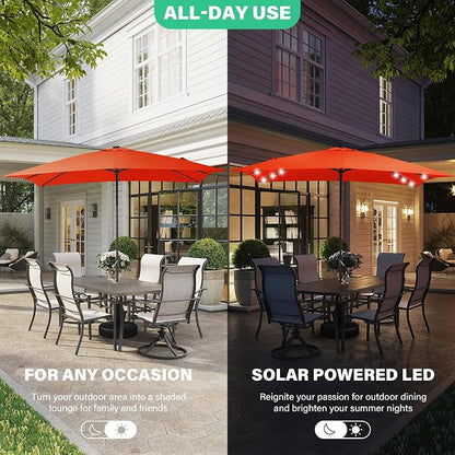 JEAREY 8x10' Rectangle LED Lighted Umbrella Patio Umbrella Outdoor w/Crank | Solar Market Umbrellas with 8 Sturdy Ribs, UV Protection Waterproof Sunproof for Pool, Deck, Backyard(Orange)