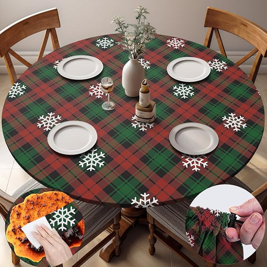 opstellen Fitted Christmas Round Tablecloth Waterproof Table Cloth Vinyl Indoor Outdoor Circle Cover for 36-44" Table Dining Living Room Kitchen Western Home Party Decor Gift Festival Family Essential