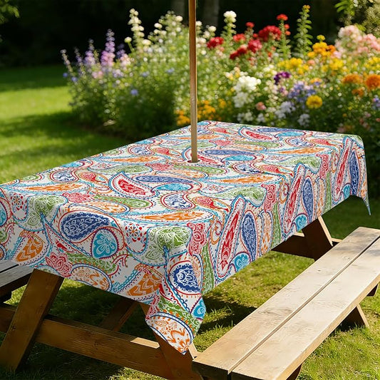 Outdoor Tablecloth with Umbrella Hole Elegant Zipper Patio Table Cloth for Outdoor Patio Garden Yard Decor