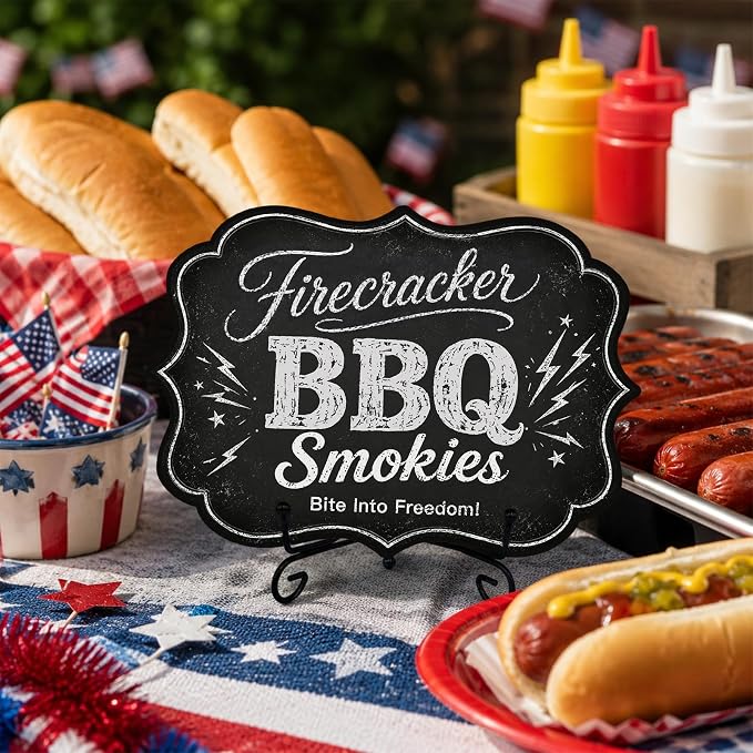 Patriotic BBQ Table Sign for Hot Dog Stand, Wooden Independence Day Food Display with Metal Stand, 5 x 7 Inch Buffet Decor for Restaurant, Food Truck, Cookout - A05