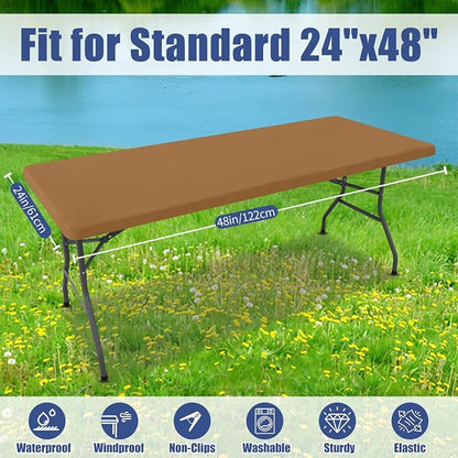 Moosfor Spandex 4 Foot Rectangle Table Cloth, Elastic Fitted Tablecloths for Picnic, Stretch Washable Patio Table Cover for Outdoor, Camping, Banquet and Parties (Brown, 24"x48")