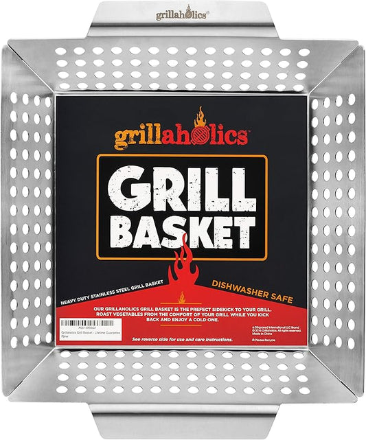 Grillaholics Grill Basket for Outdoor Grill - Durable Premium Stainless Steel Vegetable Grill Basket - XL Family Size BBQ Grill Basket - Perfect Grilling Accessories for Veggies, Fish, Shrimp & Kebabs