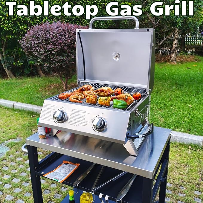 BBQCuker Small Tabletop Gas Grill 2-Burner, Portable Propane Gas Grill with Foldable Legs for Outdoor Camping Cooking Two 10,000 BTU Burners Stainless Steel,Built-in Thermometer