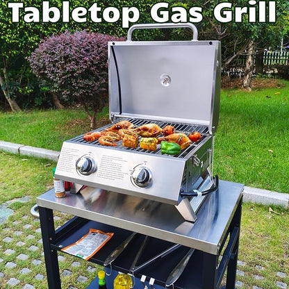BBQCuker Small Tabletop Gas Grill 2-Burner, Portable Propane Gas Grill with Foldable Legs for Outdoor Camping Cooking Two 10,000 BTU Burners Stainless Steel,Built-in Thermometer