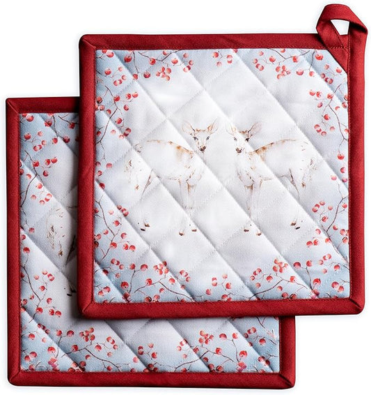 Maison d' Hermine Pot Holders Set 100% Cotton Heat Resistant Potholders 8" x 8" Hot Pads with Loop for Thanksgiving Christmas Decorations BBQ Baking Handling Hot Pans (Pack of 2, Fairy Tale Forest)