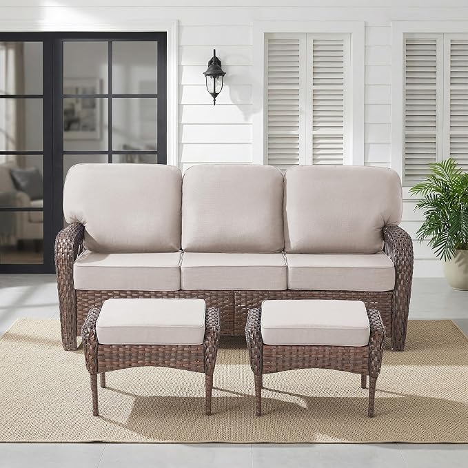 Belord Luxury Outdoor High Back Couch with Ottoman, All-Weather Wicker 3-Seater Sofa, 3 Piece Patio Conversation Furniture Set,Beige