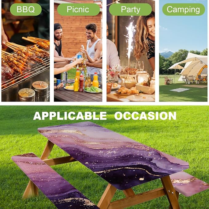 FOREVER QUEEN Picnic Table Cover with Bench Covers 72in,Waterproof Windproof Fitted Tablecloth, Purple Pink Marble with Gold Veins Camping Essentials with Drawstring Bag for Patio,Park & Backyard