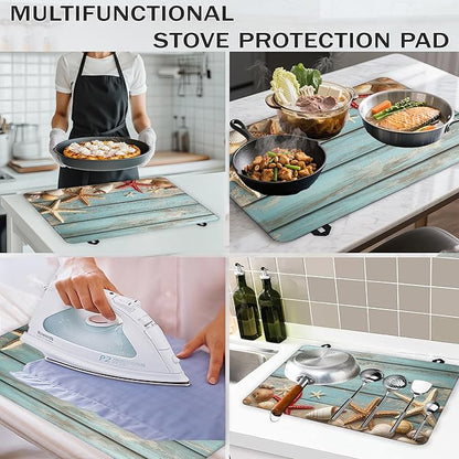 Electric Stove Top Cover,Beach Starfish Stove Cover for Glass Top Electric Stove,Blue Wood Board Seashells Heat Resistant Flat Top Stove Mat Countertop Protector, 28 x 20 Inch