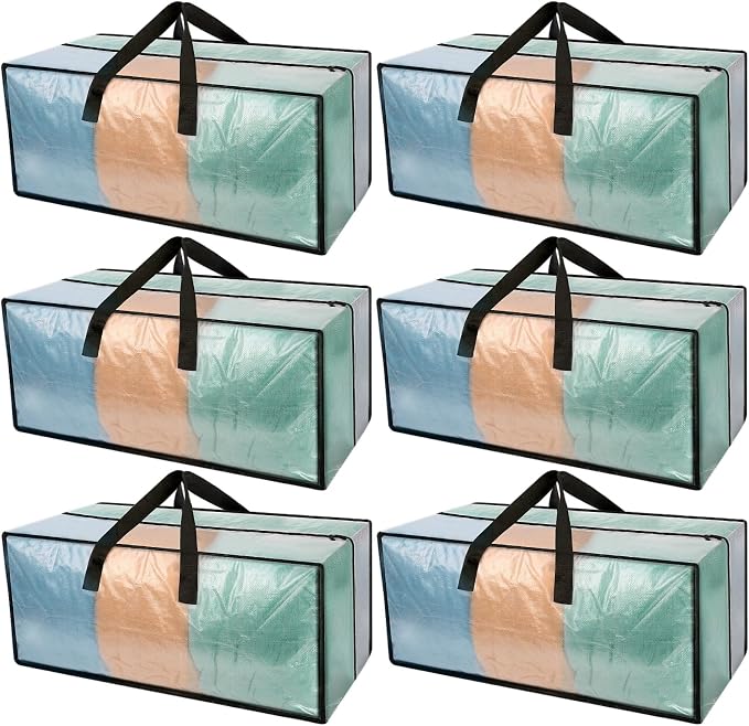 Heavy Duty Clear Moving Bags with Strong Zipper & Comfortable Handles | 6 Pack Extra Large Storage Bags Totes Moving Boxes Packing Supplies for College Dorm Room Essentials Compatible with IKEA