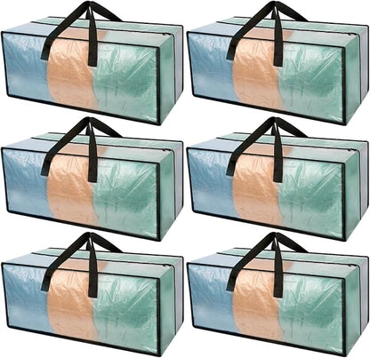 Heavy Duty Clear Moving Bags with Strong Zipper & Comfortable Handles | 6 Pack Extra Large Storage Bags Totes Moving Boxes Packing Supplies for College Dorm Room Essentials Compatible with IKEA