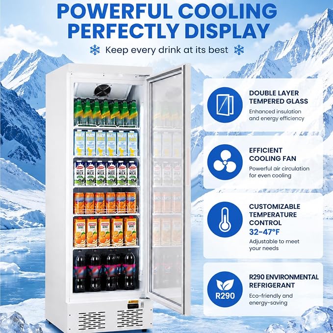 Commercial Beverage Refrigerator with Glass Door, 11 Cu.Ft Upright Display Fridge Commercial Cooler, Merchandiser Drink Refrigerator with Soft LED Light, Romovable Shelves for Restaurant Stores