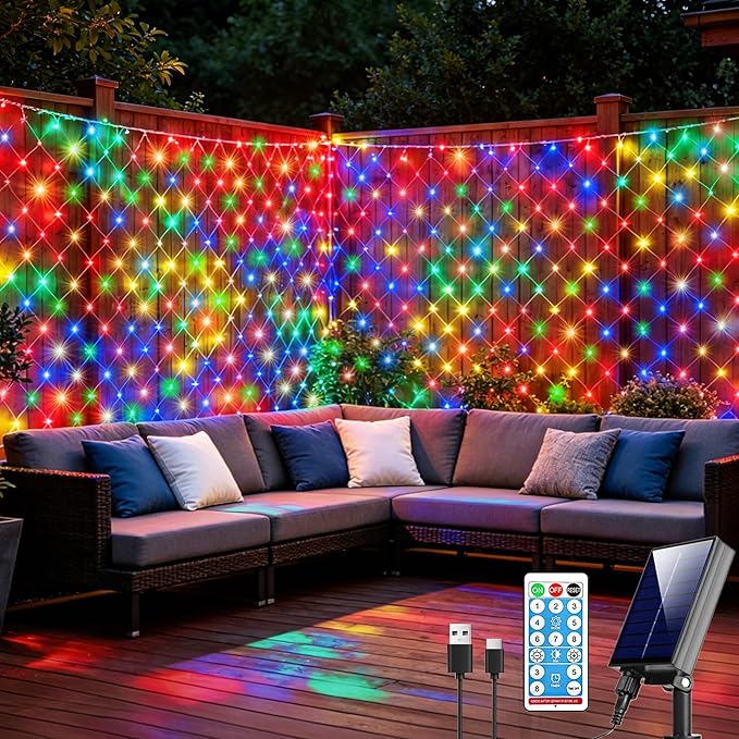 Pooqla Solar Net Lights, 21x5ft 360LED Christmas Net Lights Outdoor with 8 Modes, Solar & USB Powered Waterproof Green Wire Net Mesh String Lights for Bush Backyard Patio Decor, Colorful