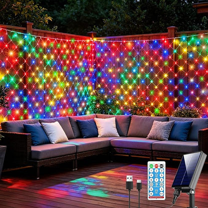 Pooqla Solar Net Lights, 21x5ft 360LED Christmas Net Lights Outdoor with 8 Modes, Solar & USB Powered Waterproof Green Wire Net Mesh String Lights for Bush Backyard Patio Decor, Colorful