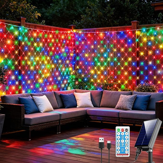 Pooqla Solar Net Lights, 21x5ft 360LED Christmas Net Lights Outdoor with 8 Modes, Solar & USB Powered Waterproof Green Wire Net Mesh String Lights for Bush Backyard Patio Decor, Colorful