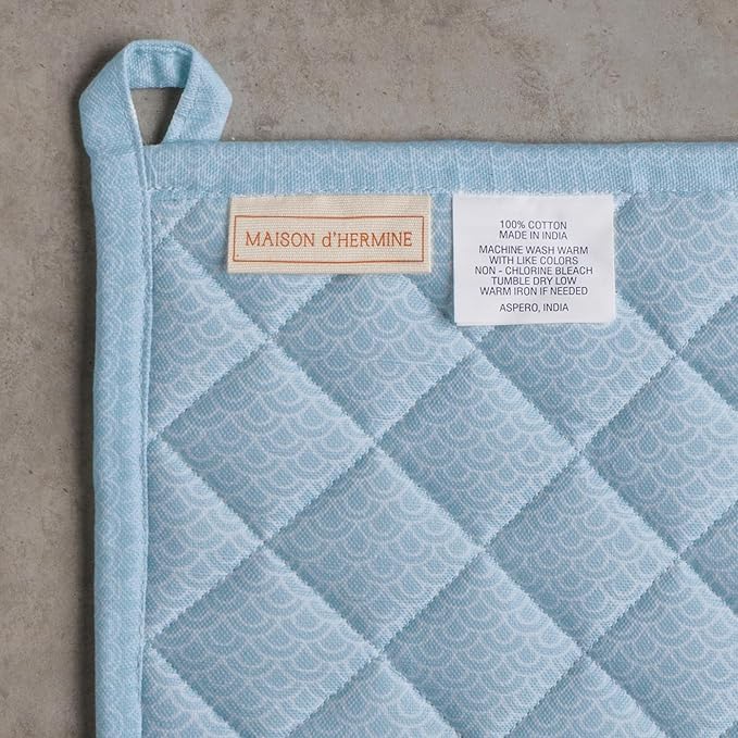 Maison d' Hermine 100% Cotton Oven Mitt & Pot Holder Set (7.5"x13" & 8"x8") Heat Resistant BBQ Cooking Gloves with Loop Baking Grilling Kitchen Hotel Home Farmhouse Spring Summer (Ibiza - Blue)