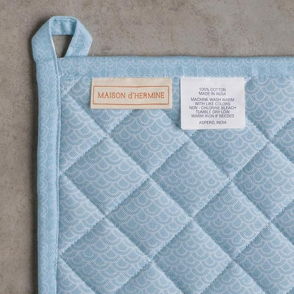Maison d' Hermine 100% Cotton Oven Mitt & Pot Holder Set (7.5"x13" & 8"x8") Heat Resistant BBQ Cooking Gloves with Loop Baking Grilling Kitchen Hotel Home Farmhouse Spring Summer (Ibiza - Blue)
