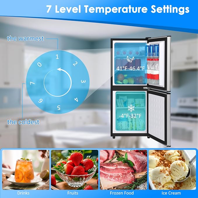 Compact Refrigerator with Freezer, 4.5 Cu. Ft. 2-Door Dorm Fridge, Silver | Compact Refrigerator 7-Level Adjustable Thermostat, Small Refrigerator with Freezer for Home, RV, Apartment, Office