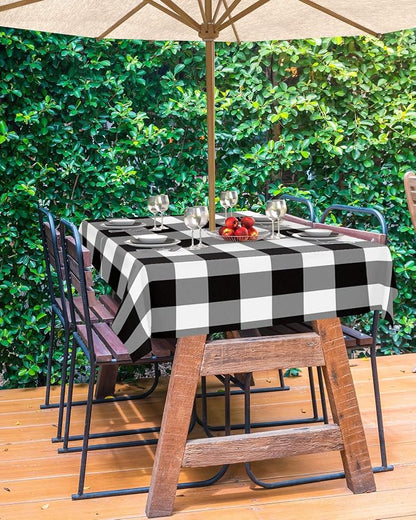 Black and White Checkered Outdoor Tablecloth - 60x120 Inch Rectangle Dining Table Cover, Farmhouse Buffalo Plaid Waterproof Outdoor Table Cloth with Umbrella Hole & Zipper for Picnic/Patio/Party