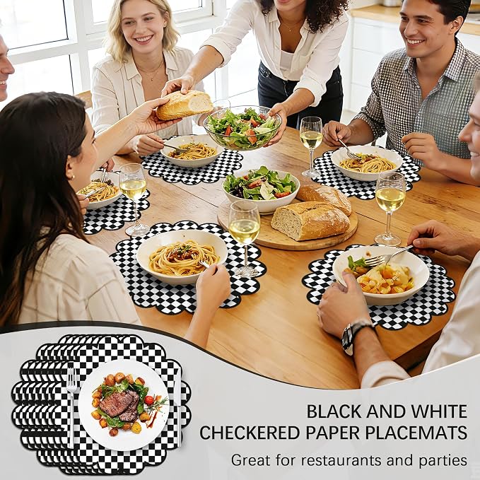 100Pcs Checkered Paper Placemats Black Gingham Place Mats 13.5 Inch Disposable Round Decorative Dining Table Mat with Scalloped Edge Paper Cutouts Decor for Picnic BBQ Table Party Supplies