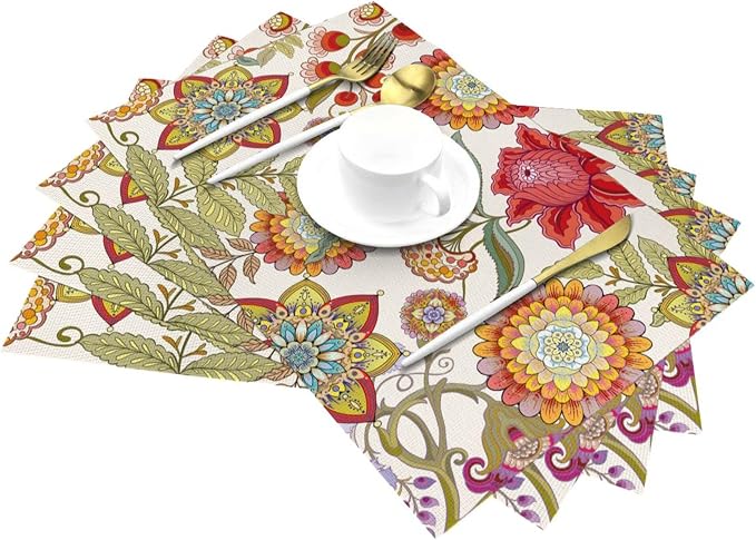 Boho Floral Placemats Set of 4, Colorful Decorative Place Mats | Flower Table Mats for Kitchen Dining Table, Washable Linen Placemat 12"x18", Housewarming Gifts for New Home