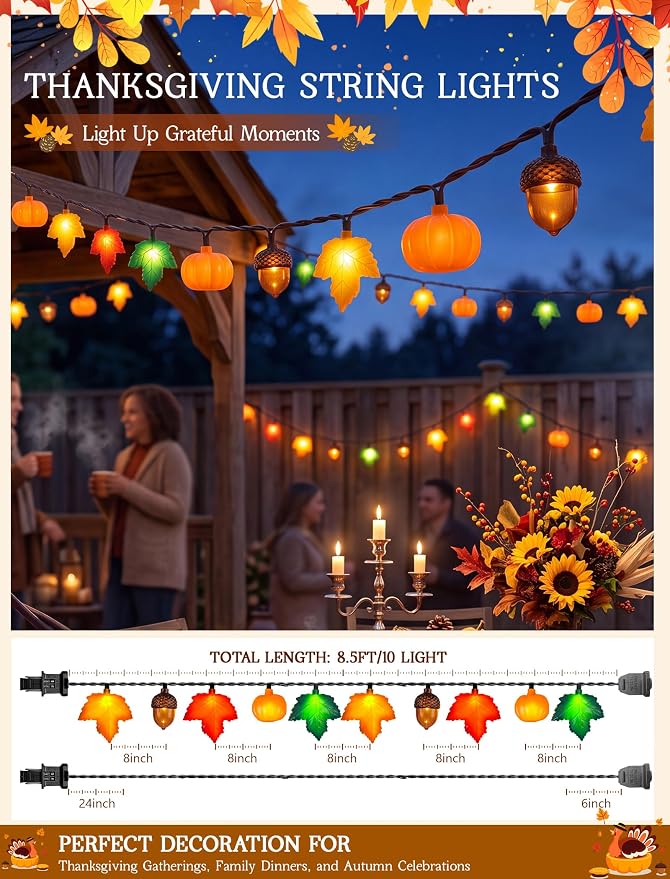 8.5Ft Fall Decor String Lights, 10 LED 3D Pumpkin Acorn Maple Leaf Plug in | End-to-end Connectable, Waterproof & UL Listed Vintage Bedroom Autumn Party Harvest Fall Halloween Thanksgiving Decorations