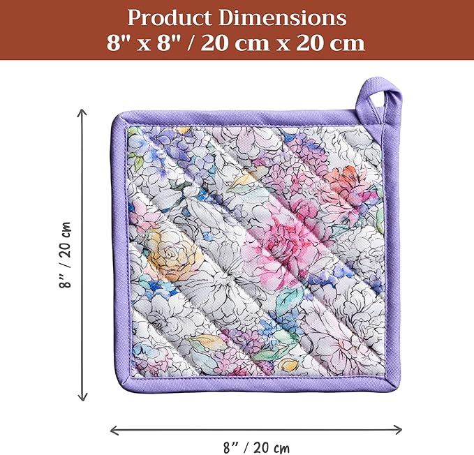 Maison d' Hermine Pot Holders 100% Cotton Heat Resistant Potholders 8" x 8" Hot Pads with Loop BBQ Cooking Baking Hotel Farmhouse Kitchen Handling Hot Pans Spring Summer (Pack of 2, Floral Love)