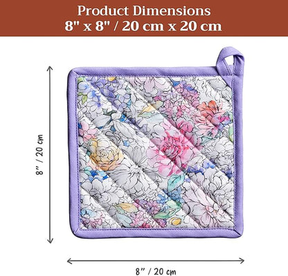 Maison d' Hermine Pot Holders 100% Cotton Heat Resistant Potholders 8" x 8" Hot Pads with Loop BBQ Cooking Baking Hotel Farmhouse Kitchen Handling Hot Pans Spring Summer (Pack of 2, Floral Love)