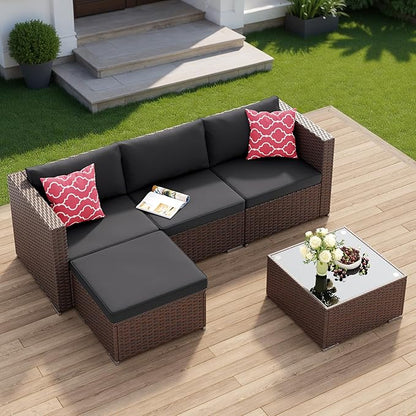 Aiho 5 Pieces Patio Furniture Sets, All-Weather PE Rattan Outdoor Patio Furniture with Cushions and Glass Table, for Garden, Backyard, Porch, Black