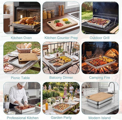 Gisafai 20 x 14 Inch Large Grilling Prep and Serve Trays 5-in-1, Stainless Steel Food Prep Tray Set Grill Carry System Marinade Container with Lid Cooling Rack Gifts for Outdoor BBQ Accessories