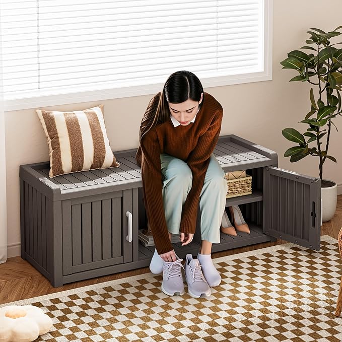 Bifanuo Shoe Storage Cabinet, 2-Door Outdoor Storage Bench with Adjustable Shelves, Waterproof UV-Resistant for Hallway, Living Room, Entryway, Large Capacity Modern Organizer (Grey)