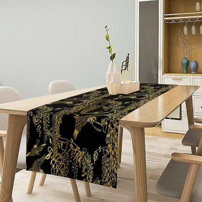 Japanese Table Runner Oriental Gold Cranes Vintage Asian Chinese Traditional Dinner Runner Table Decoration for Home Kitchen Dining Table Holiday Party 13x90in