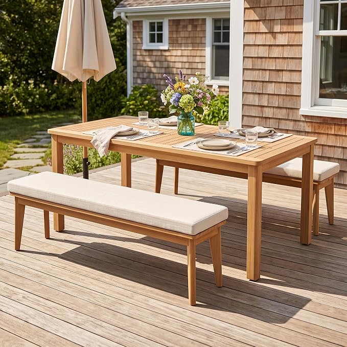 FansaFurn 3-Piece Acacia Patio Table and Chairs Set for All-Weather | Outside Furniture with Table Umbrella Hole and Removable Cushion, Backyard Furniture with Outdoor Bench for Lawn Garden