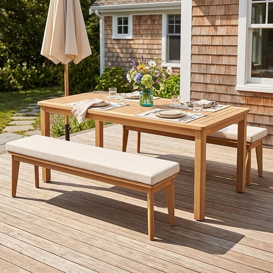 FansaFurn 3-Piece Acacia Patio Table and Chairs Set for All-Weather | Outside Furniture with Table Umbrella Hole and Removable Cushion, Backyard Furniture with Outdoor Bench for Lawn Garden